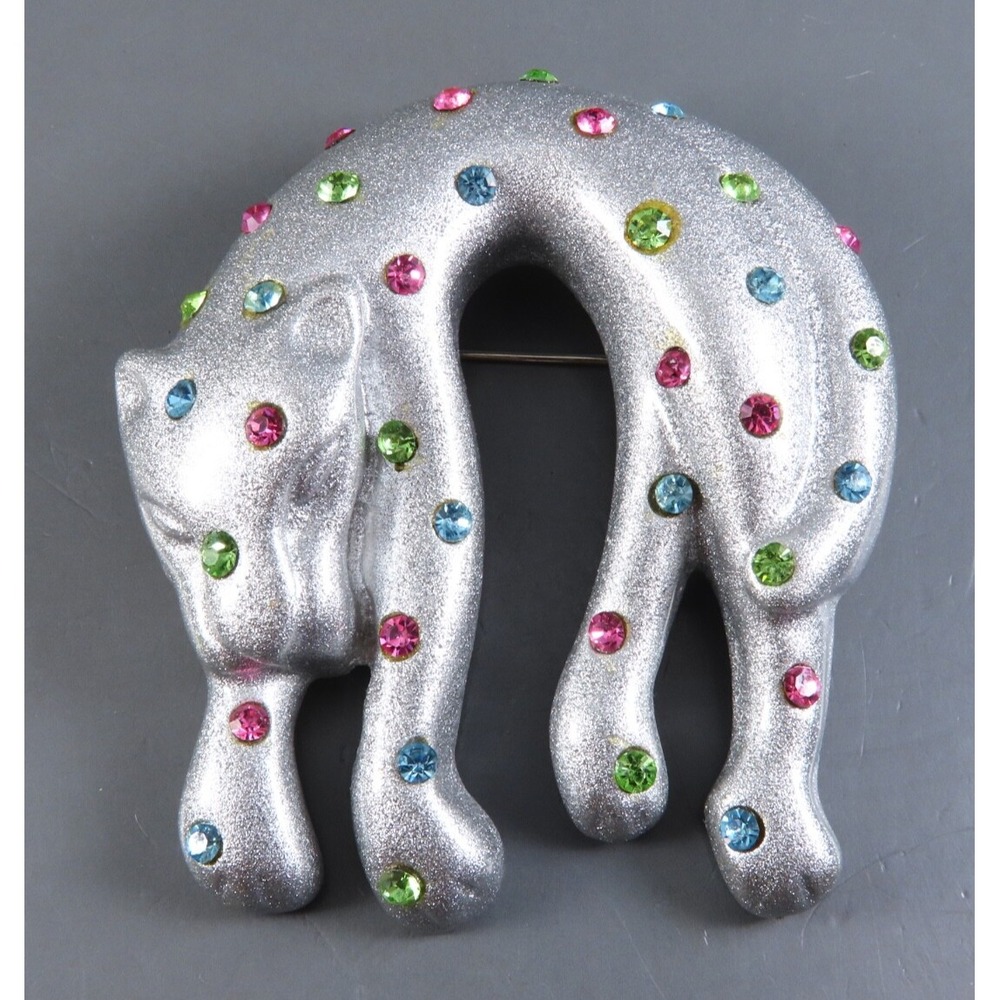 VTG PANTHER CAT BROOCH PIN Shimmery Silver w/MULTI-COLOR RHINESTONE Spots/Dots